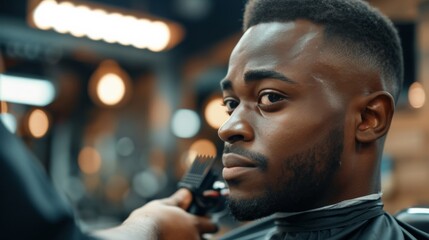 Barber trims hair with clipper on young unshaven black man in barbershop studio. Professional hairdresser cut hair with electric shearer machine on African guy. - obrazy, fototapety, plakaty