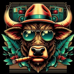 Retro style bull face illustration, shirt, clothing