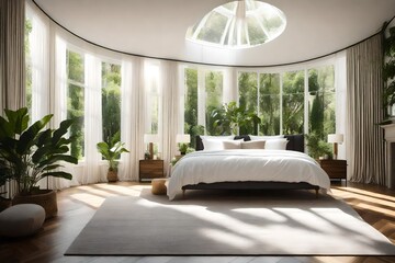 An airy bedroom with large windows, billowing curtains, and a touch of greenery, bringing nature indoors.