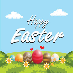 happy easter with illustration of easter eggs in the grass