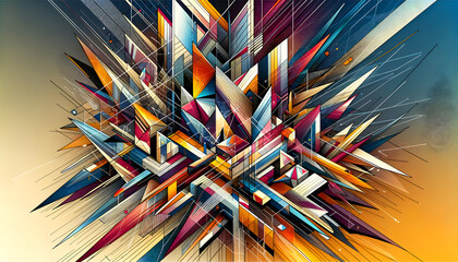 the geometric abstract background created with a complex array of shapes, lines, and vibrant colors, incorporating sharp angles and a variety of geometric forms