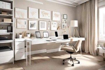Fototapeta premium A contemporary home office with a white desk, cream-colored office chair, and sleek storage solutions for a modern workspace.