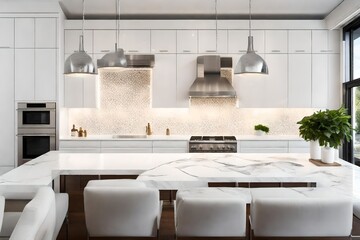 A minimalist kitchen featuring white cabinets, marble countertops, and a mosaic backsplash with under-cabinet lighting.
