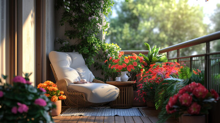 Fototapeta na wymiar A serene balcony with a comfortable chair and a small table