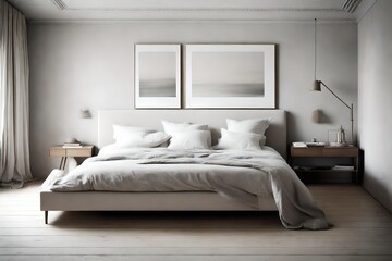 A serene bedroom with muted tones and a blank frame enhancing the calming ambiance of the space.
