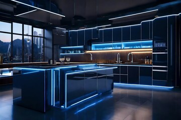 An ultra-modern kitchen with glossy cabinets, quartz countertops, and a mirrored backsplash for a futuristic feel.