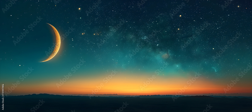 Wall mural Ramadan Kareem background with crescent moon and stars, perfect for Islamic celebration greeting card.