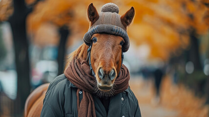 Fototapeta na wymiar Majestic horse strides through city streets adorned in tailored sophistication, embodying street style. The realistic urban setting captures the grandeur of equine elegance fused with contemporary fas