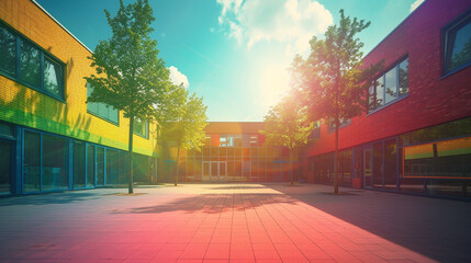 Exterior of a modern school building, colorful, brick, inviting, community-centered. Toy camera, pinhole lens, sunrise, architectural photography, X-ray film.