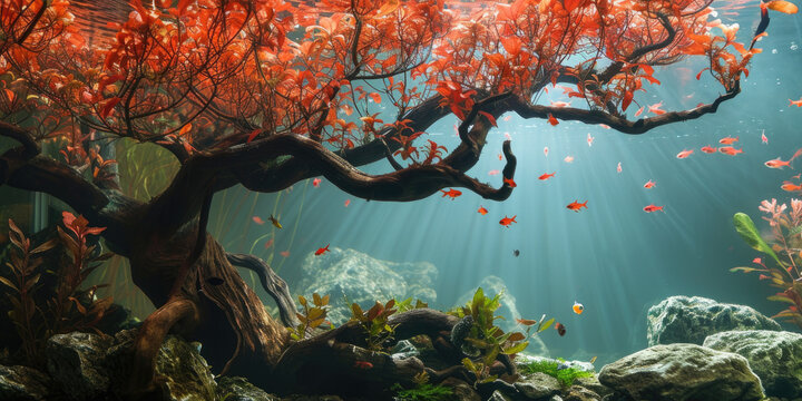 A captivating nature aquarium with underwater red color plants, driftwood, rocks, and fish, showcasing a harmonious aquascape design