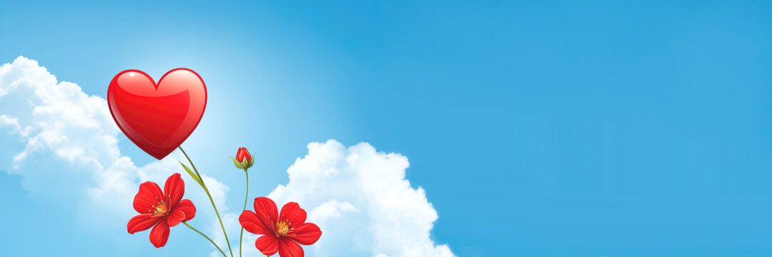 Sky. Heart. Blue, white, red. Cloud. Flower. Nature. Outdoors, air. The illustration is beautiful. Abstract background, Website template. Free space for text.