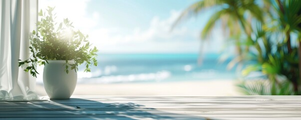 Beautiful scenery: empty white wooden table with  tropical beach view, blurred bokeh out of open...