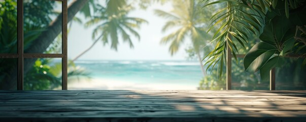 Beautiful scenery: empty white wooden table with  tropical beach view, blurred bokeh out of open...