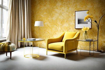 A sunny yellow armchair paired with a contemporary glass side table.