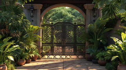 A wrought iron gate adorned with intricate patterns stands invitingly open, welcoming guests into...