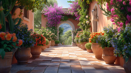 Terracotta pots overflow with vibrant flowers, adding bursts of color to the stone-paved pathway...