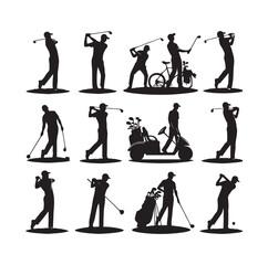 Golf player and icon silhouettes vector illustration set