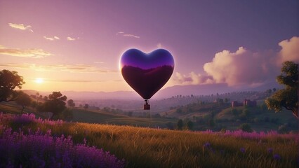 Fototapeta premium heart shaped purple balloon in the sky, beautiful landscpae