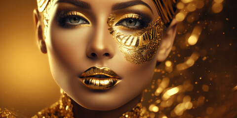 Beautiful woman with golden make up. Beauty face