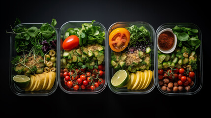 Close-up of healthy vegetarian food in containers, photo shoot