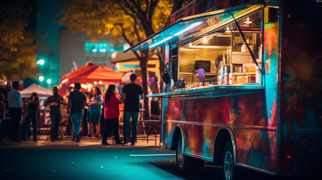 Food truck festival in the city, selective focus, photo shoot