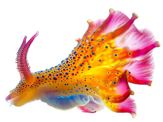 A colorful sea slug with yellow and purple spikes on a white background