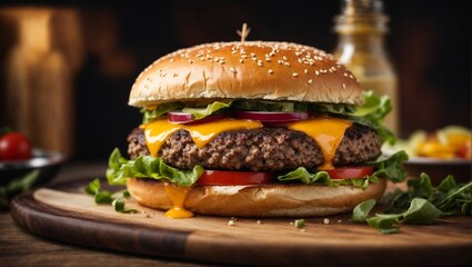 Cheeseburger with beef patty, lettuce, tomato, and onion on a wooden background, creating a delicious fast-food meal