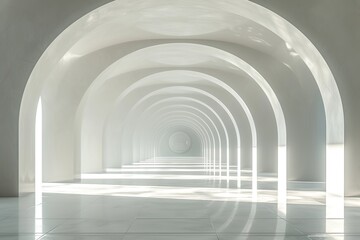 White abstract empty round tunnel. Illuminated futuristic corridor. Light arch.