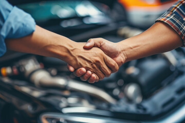 Car service. The mechanic and the customer shake hands. Excellent cooperation - obrazy, fototapety, plakaty