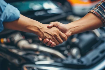 Tuinposter Car service. The mechanic and the customer shake hands. Excellent cooperation © Kien