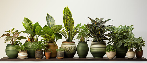 Group of Tropical Plants in Pots isolated on white background 
