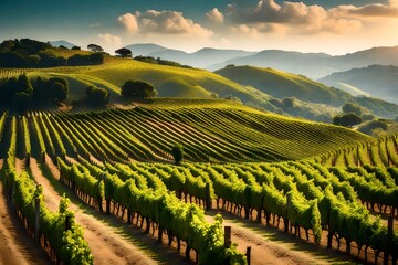 A picturesque vineyard with rows of lush grapevines set against a backdrop of gentle slopes and azure skies.