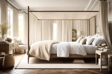 A tranquil bedroom with a white canopy bed, cream-colored curtains, and soft, neutral tones for a peaceful sleep sanctuary.