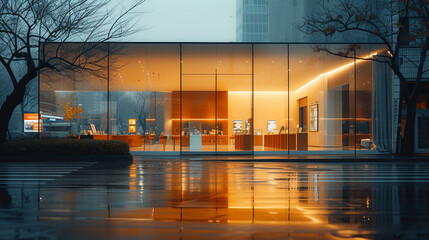 Exterior of a sleek modern shop, glass-fronted, minimalist, illuminated, inviting, urban, DSLR. Wide-angle lens, morning, architectural photography, color film.