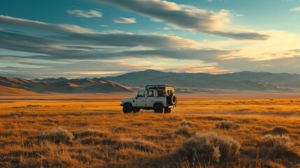 Fototapeta premium A solitary off-road vehicle is parked amidst a vast, golden field under a wide, cloudy sky at sunset