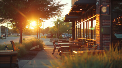 Outside of a modern coffee shop, cozy, lively, warm, rustic, suburban, DSLR. Macro lens, sunrise, lifestyle photography, color film.