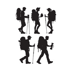 Male and female hiker set. hiking man and woman with rucksacks silhouette. Backpacker and climber people.