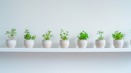 Symmetrical display of money plant pots arranged neatly on a spotless white shelf