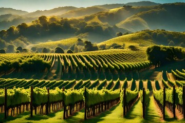 A picturesque vineyard with rows of lush grapevines set against a backdrop of gentle slopes and...