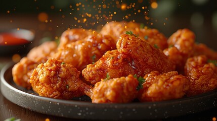 Delicious Crispy Fried Chicken with blurred sprinkles effect on a round black plate on the table.