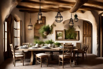 A Mediterranean-inspired dining area with rustic elements and a blank frame enhancing the ambiance.