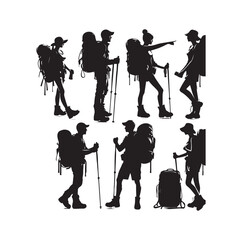 Male and female hiker set. hiking man and woman with rucksacks silhouette. Backpacker and climber people.