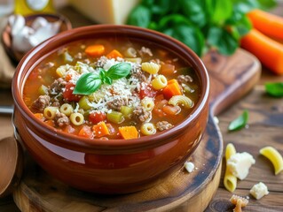Minestrone soup with mix of vegetables. Italian cuisine.