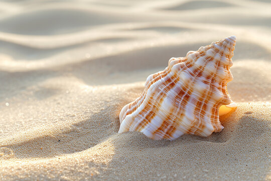 Generative AI Image of Beautiful Sea Shell on White Sand Beach