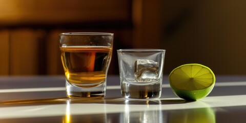 A close-up photo of a tequila shot next to a lime on a wooden surface, ideal for casual dining or bar promotions.