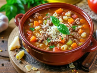 Minestrone soup with mix of vegetables. Italian cuisine.