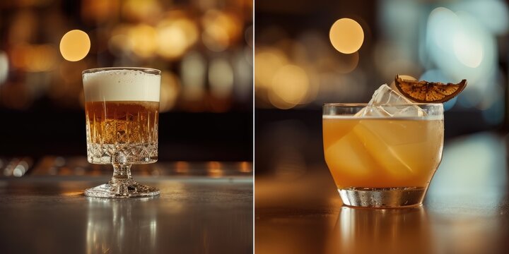 An atmospheric banner with a Whiskey Sour and a Rusty Nail cocktail, conveying a sophisticated bar ambiance, suitable for upscale bar promotions.
