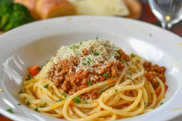 Spaghetti bolognese on a white plate.