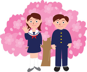 学生服の生徒と桜
