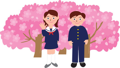 学生服の生徒と桜

